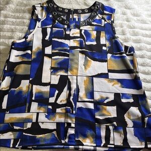 Alfani Blue and Black Abstract Top with Grommet Accents